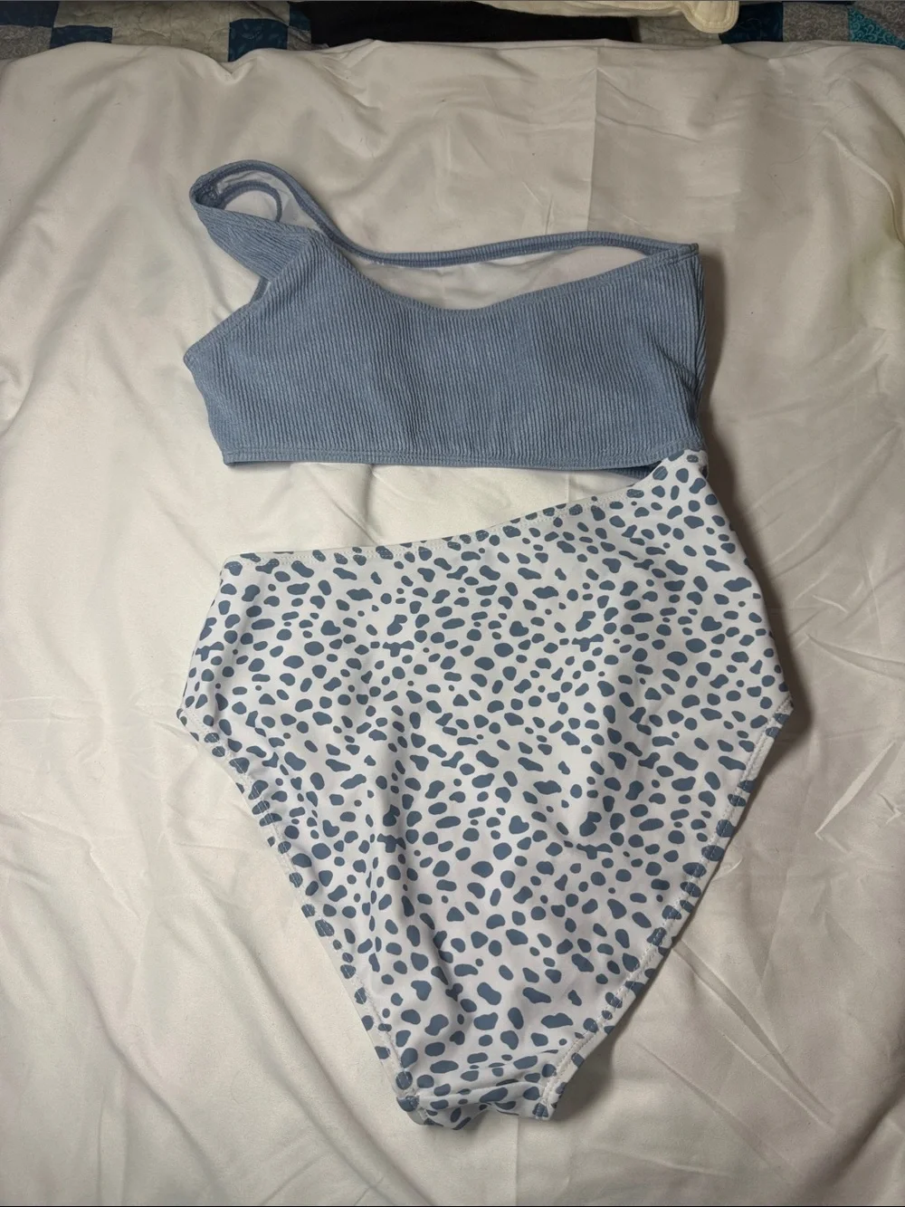 OnePiece small One-Shoulder Blue Ribbed BikiniTop w Speckled High-Waist Bottom - Picture 2 of 3